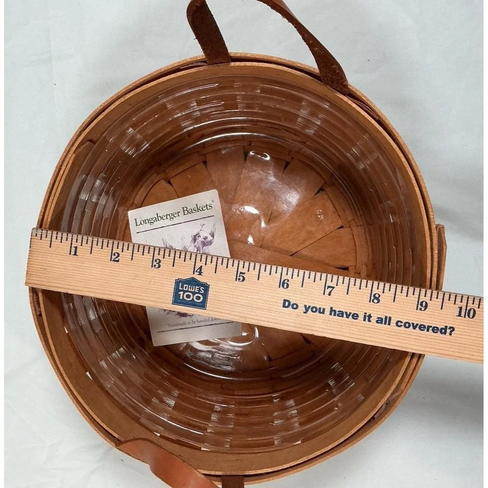 Longaberger Round Darning Basket Leather Handles Plastic Protector Signed 1995